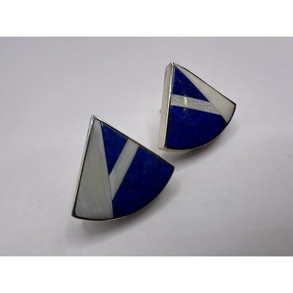 Vintage PETER VAJDA Southwest NM STERLING SILVER EARRINGS Blue Lapis MOP Inlay - Picture 8 of 9